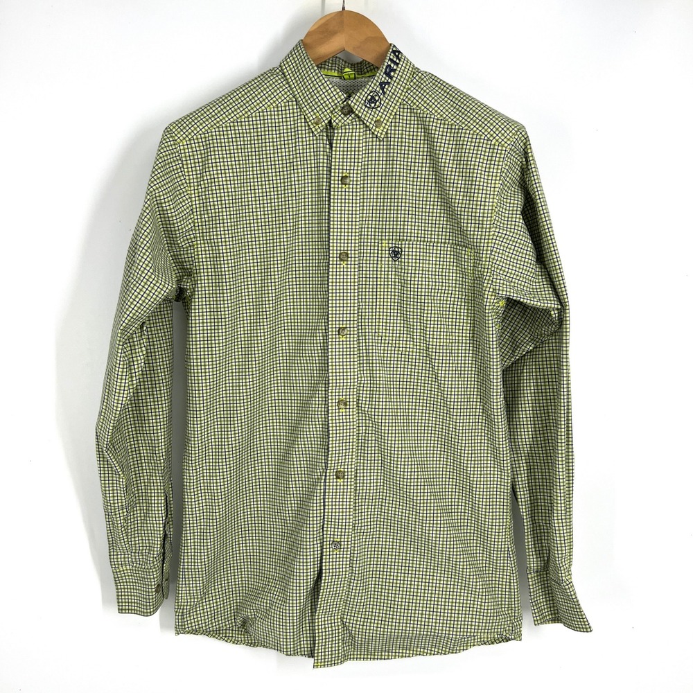 Ariat Pro Series Mens Drew Fitted Shirt Lime Green Navy Plaid 10040576 Small